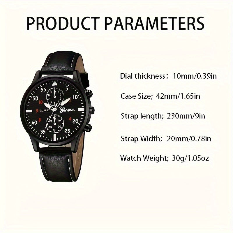 Set of 5 Men's Sporty Quartz Watches Round Dial Faux Leather Strap Beaded Tree of Life Bracelet Gift