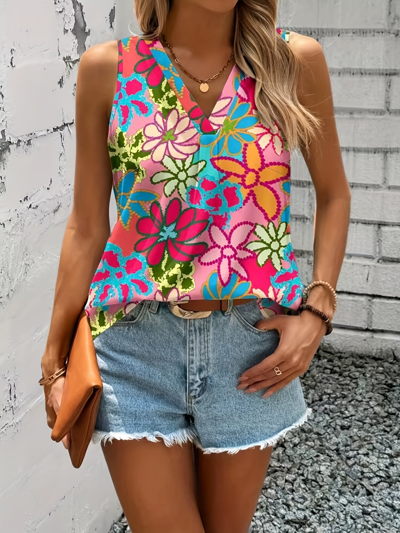 Plus Size Floral Print Sleeveless V-Neck Top for Summer Vacation