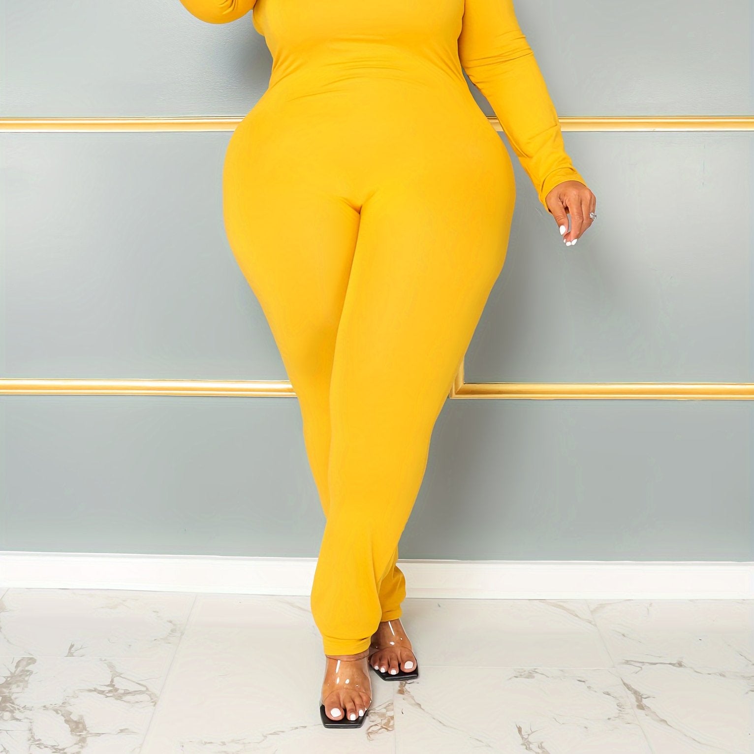 Plus Size Women's Casual Long Sleeve Skinny Jumpsuit in Solid Colors