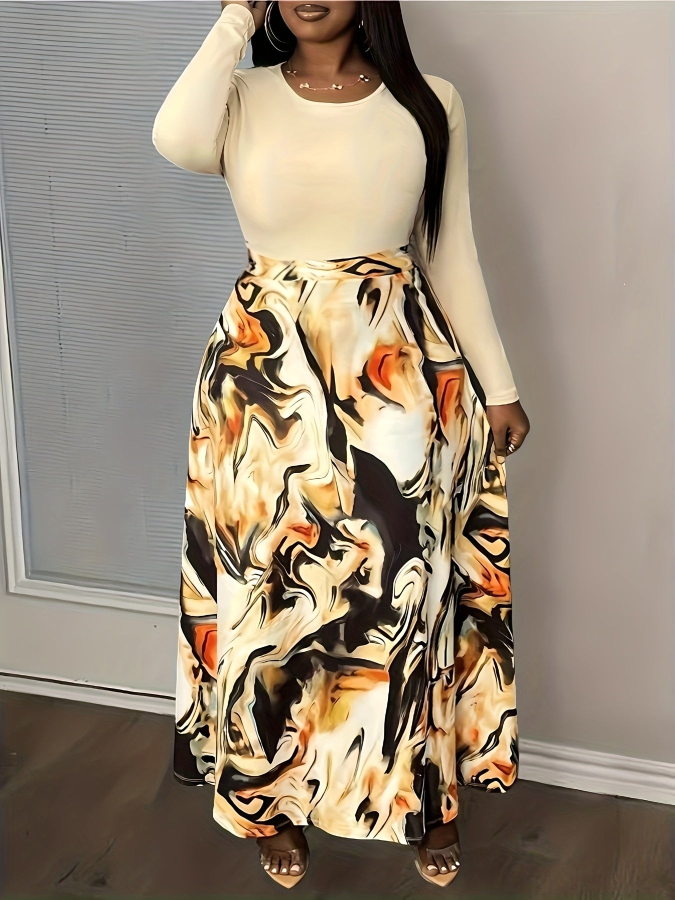 Plus Size Women's Flared Skirt Abstract Print High-Waisted A-Line Orange Black White