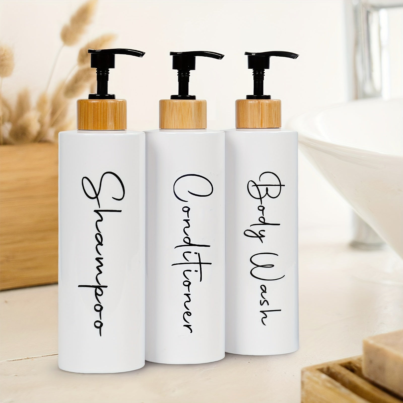 3-Piece Black and White Shampoo and Conditioner Dispenser Set 27 oz Refillable Pump Bottles