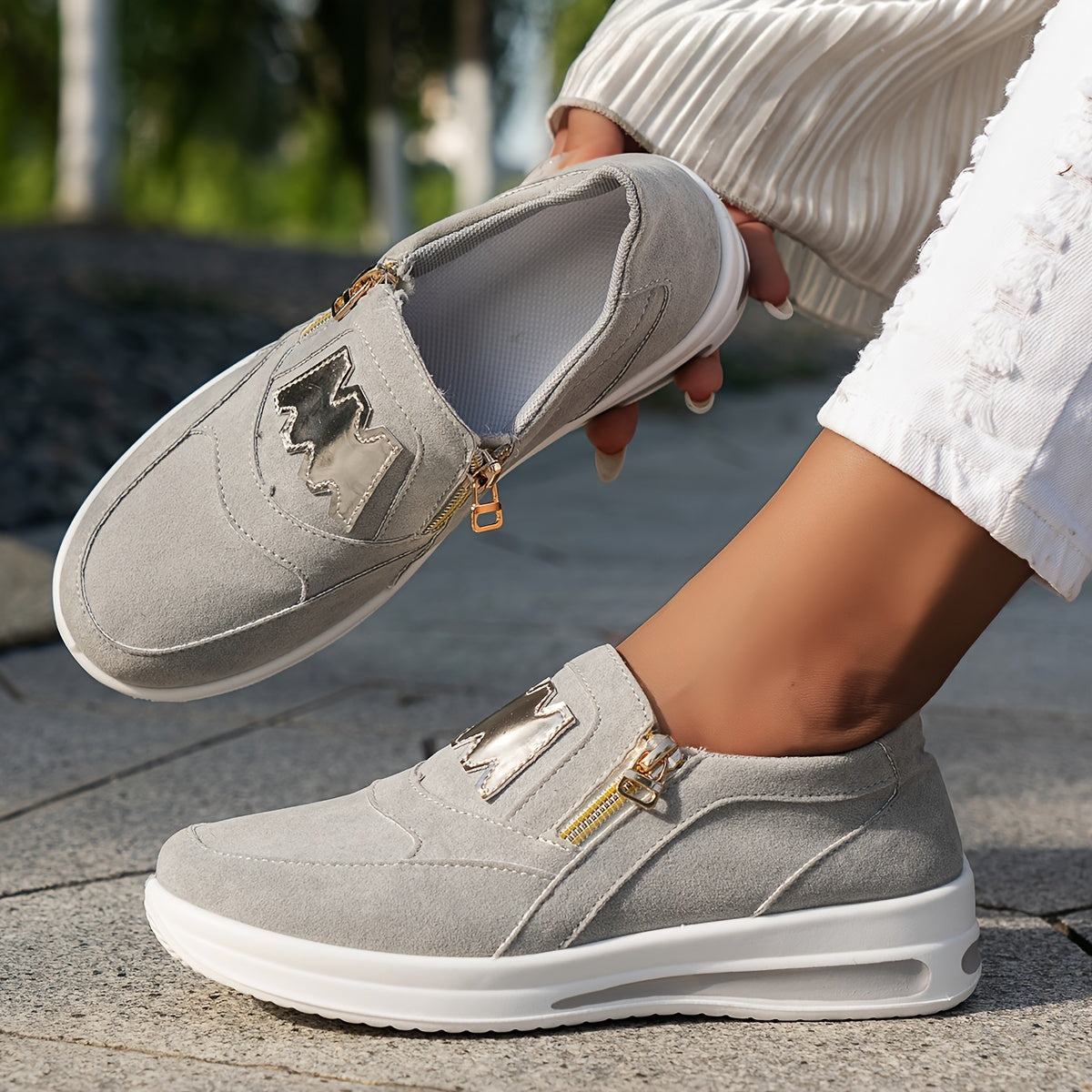 Women's Red Slip-On Sneakers with Zipper Low Top Lightweight PU Sole