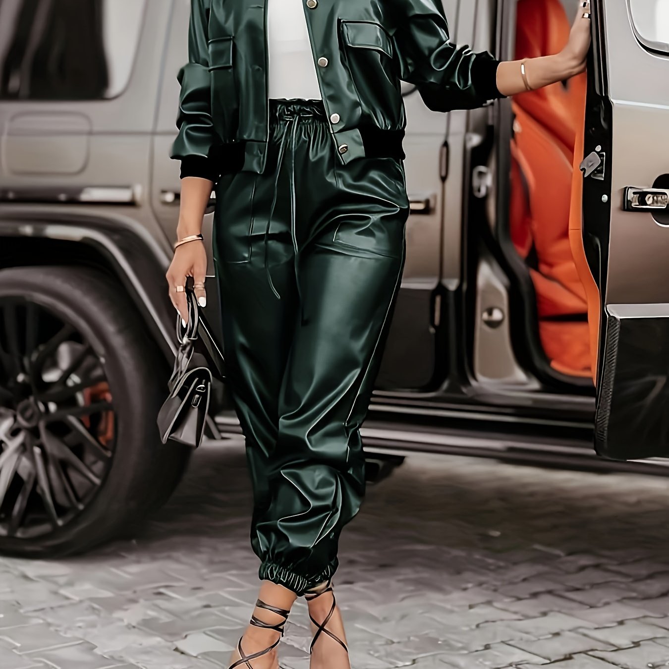 Conjunto de chaqueta de cuero para mujer con bolsillos, casual, primavera y otoño, cuero PU, color sólido