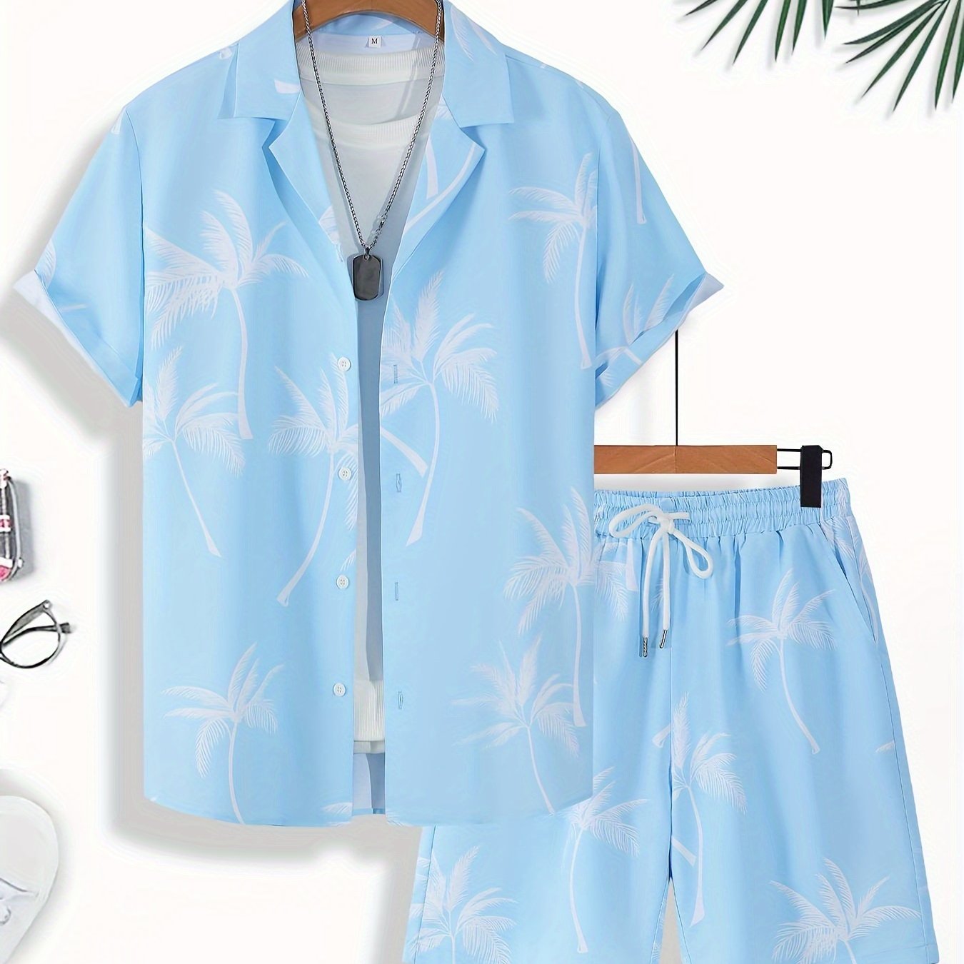 Conjunto de pijama de verano tropical con estampado de palmeras para hombre, camisa de manga corta de poliéster y pantalones cortos con cordón