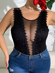 Women's Black Lace-Trimmed Sheer Mesh Bodysuit Slim Fit Sleeveless Spandex Stretchy