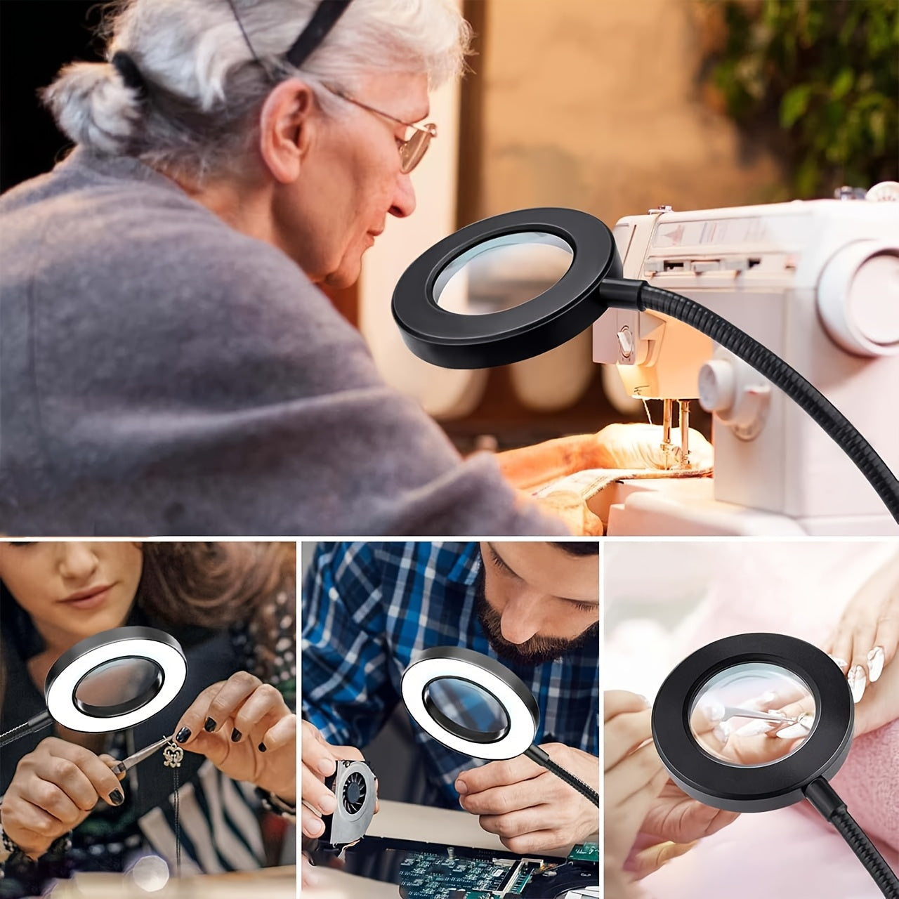 LED chiroqlar bilan stol chiroqi, ko'zlarni himoya qilish, klip bilan yopish, o'qish va go'zallik vazifalari uchun kattalashtiruvchi shisha