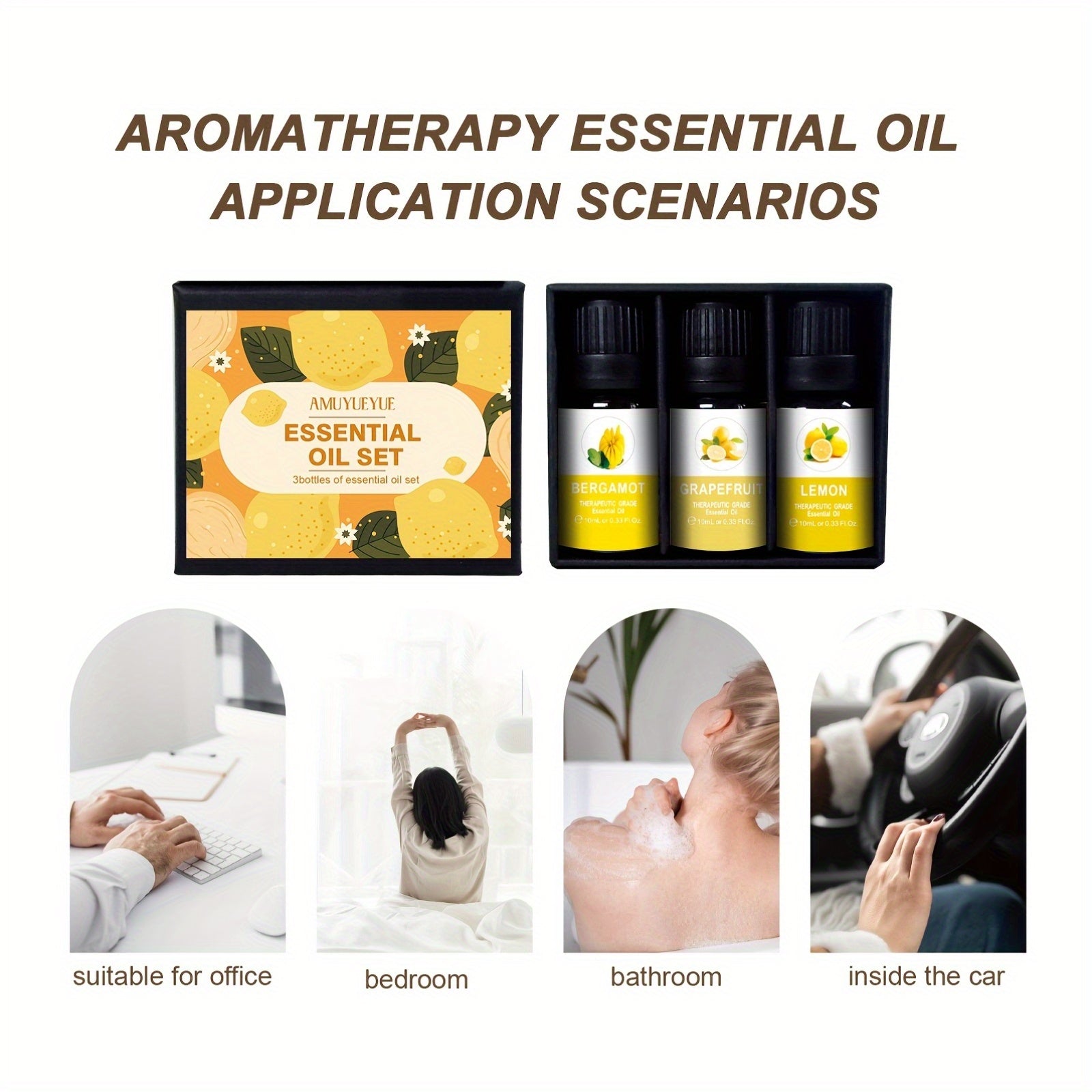 Aromatherapy Essential Oils Set Bergamot Grapefruit Lemon for Diffusers Humidifiers Car Use Under 1L