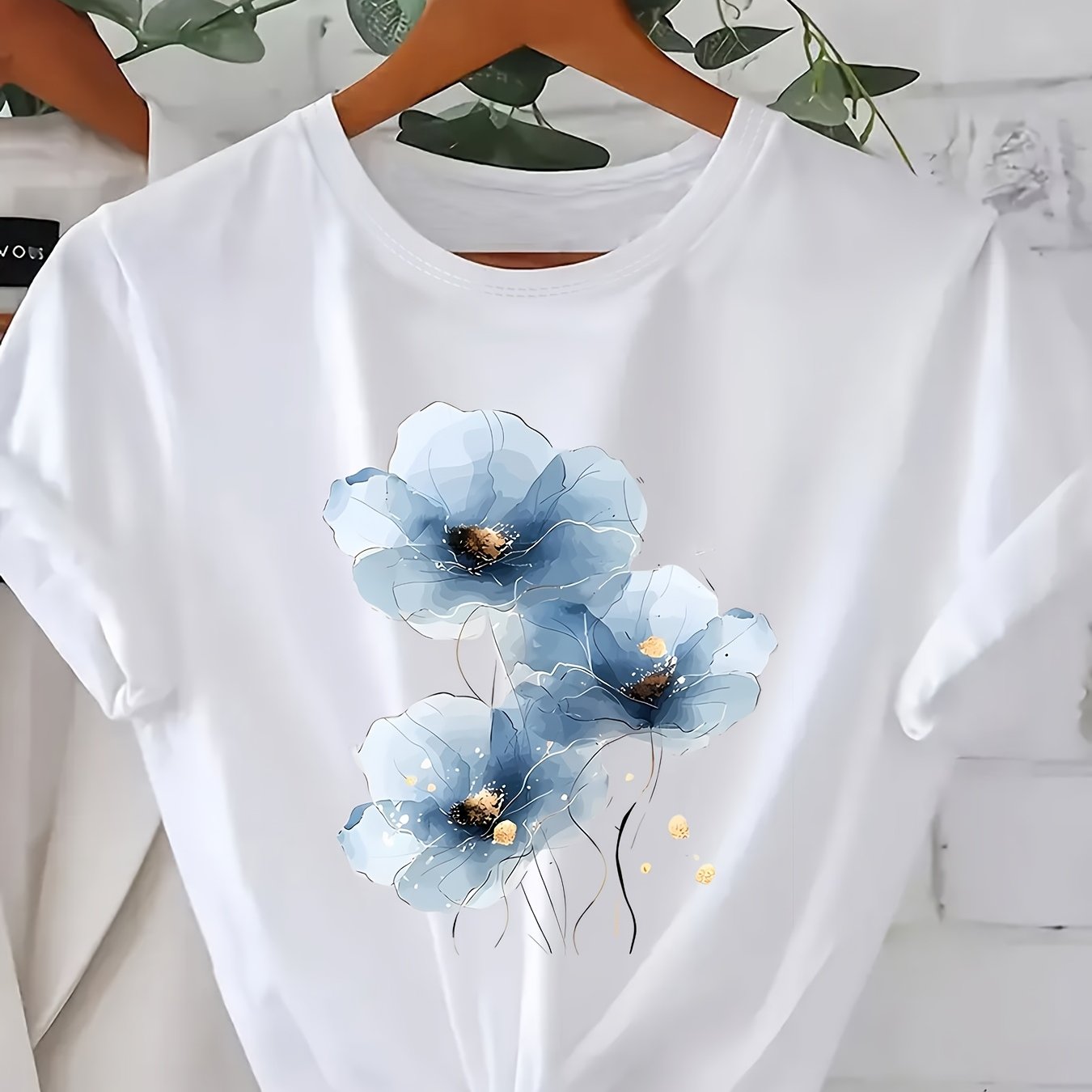 Plus Size Women's Floral Print T-Shirt Lightweight Polyester Casual Blue Flowers