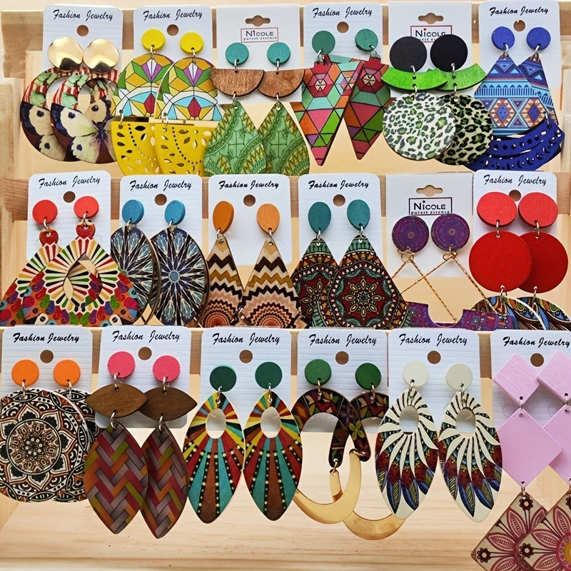 Women's Bohemian Wooden Drop and Geometric Earrings with Colorful Prints