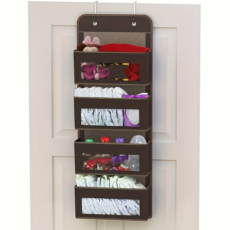Organizador de almacenamiento colgante de tela con 4 estantes y bolsillos de gran capacidad para dormitorio, baño y despensa