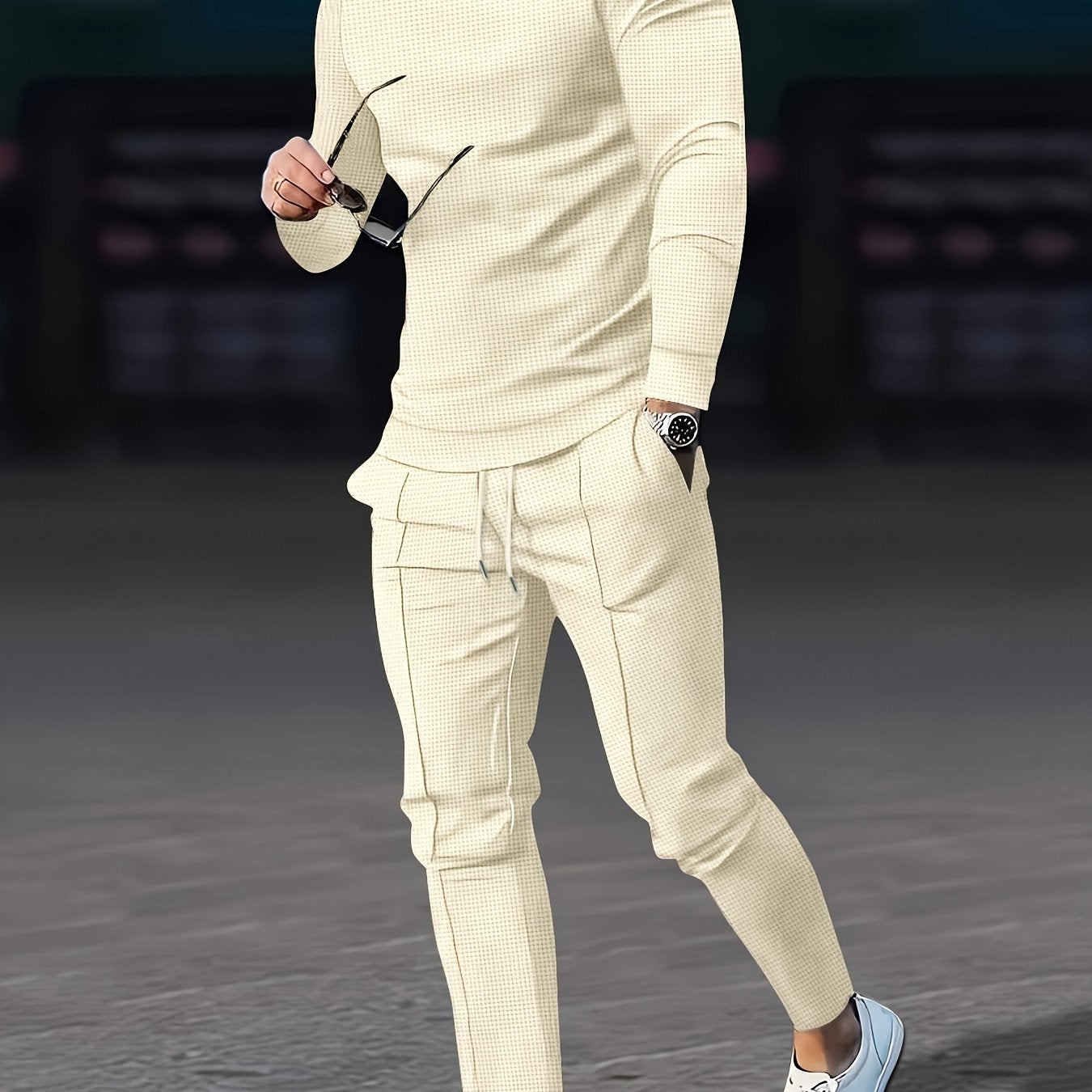 Men's Waffle Pattern Casual Outfits Set Long Sleeve Sweatshirt and Joggers Spring Fall