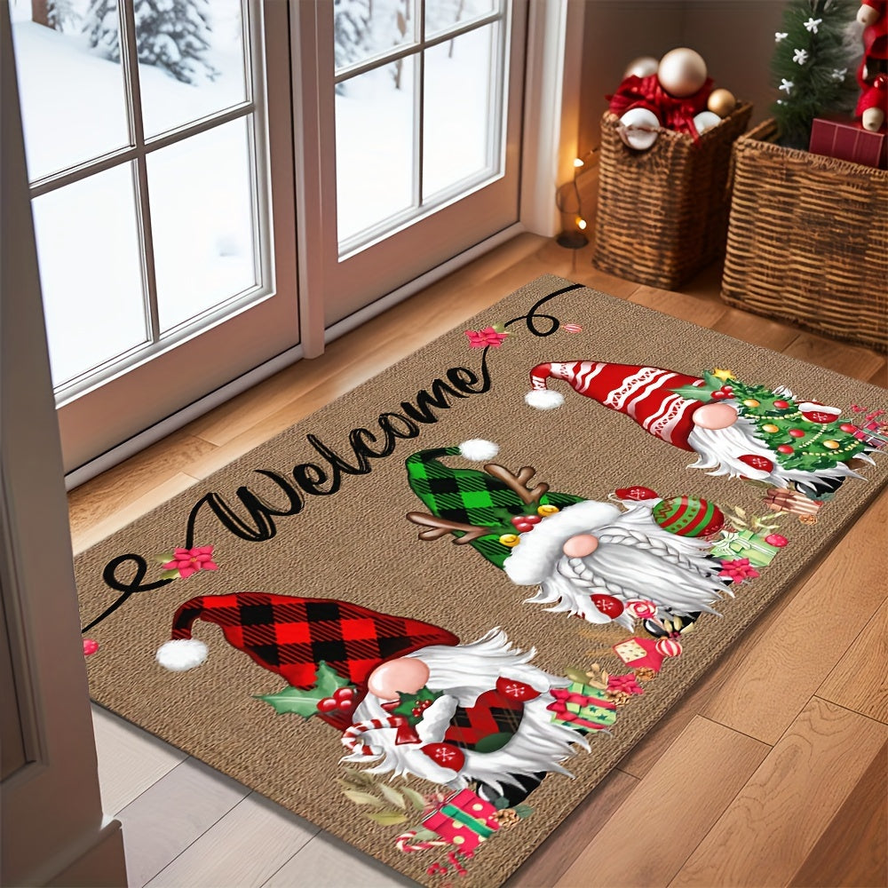 Festive Christmas Gnome Welcome Doormat 6mm Thick Non-Slip Polyester