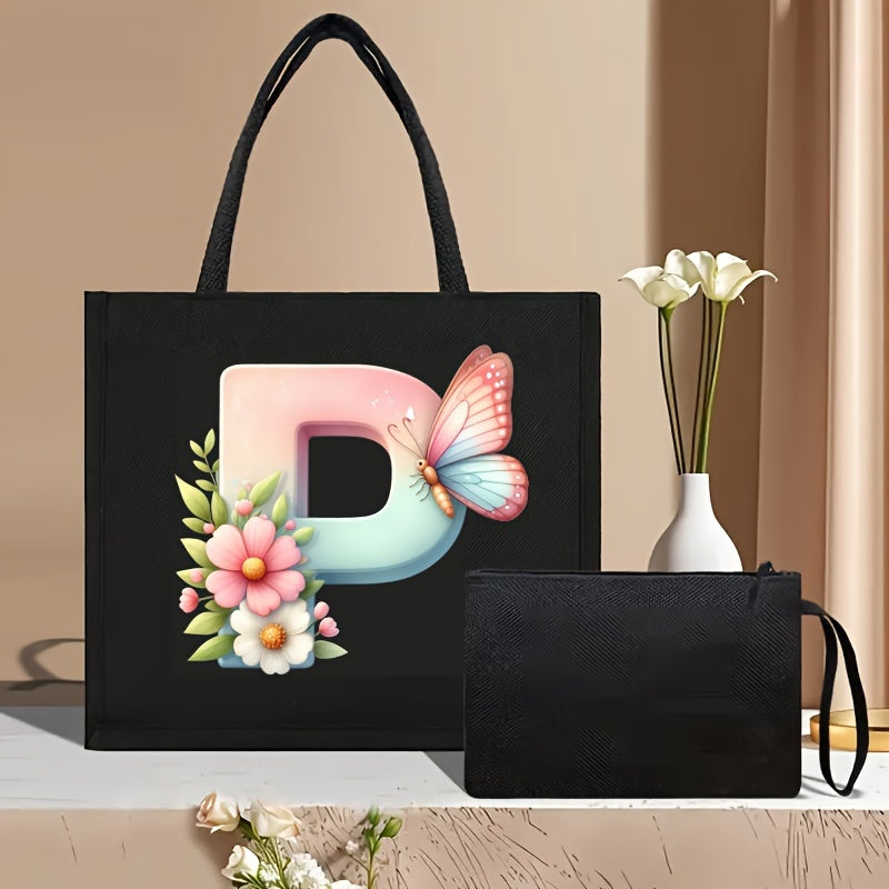 Set of 2 Floral Letter Print Canvas Tote Bags Large Handbag with Clutch Pouch