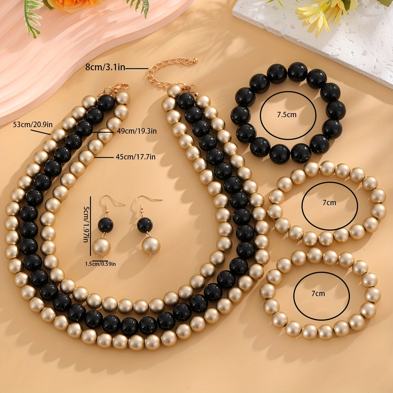 Matte Gold and Black Bead Jewelry Set for Women Necklace Bracelet Earrings Wedding Accessories