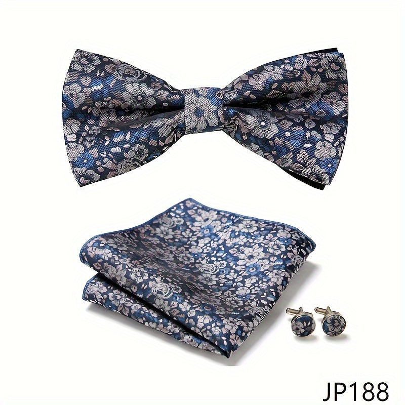 Men's Blue Polyester Tie and Pocket Square Set Floral Pattern for Formal Events