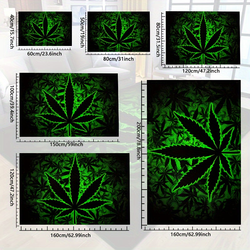 Black Background Fluorescent Marijuana Leaves Felt Rug 1000g/m² Machine Washable Multiple Sizes