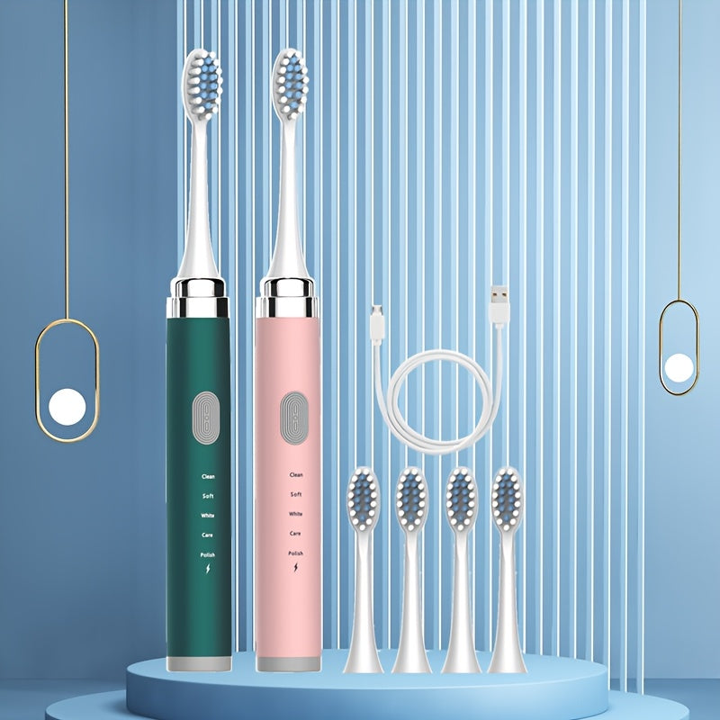 Electric Toothbrush Set 2pcs 5-Speed USB Rechargeable Soft Brush Heads Whitening