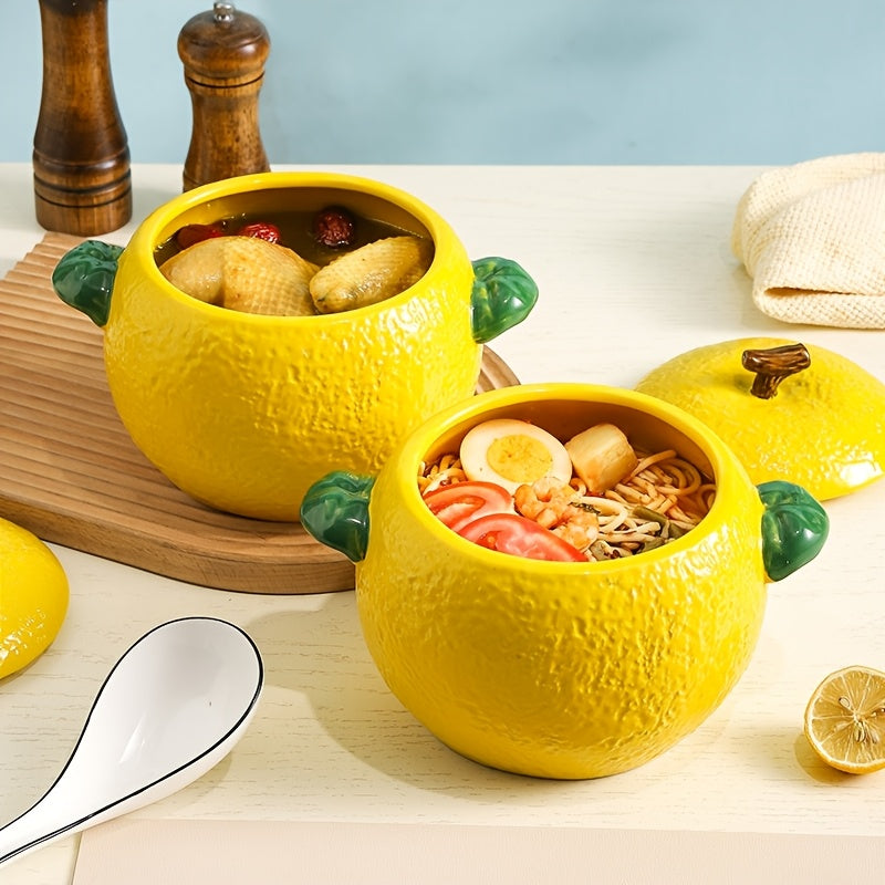 Large Ceramic Lemon-Shaped Pot with Lid for Baking Serving and Storage