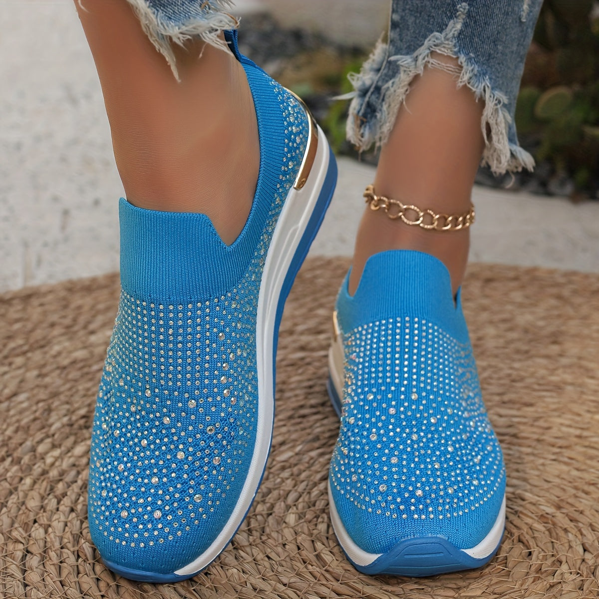 Women's Rhinestone Decor Platform Sneakers Casual Slip-On Outdoor Shoes