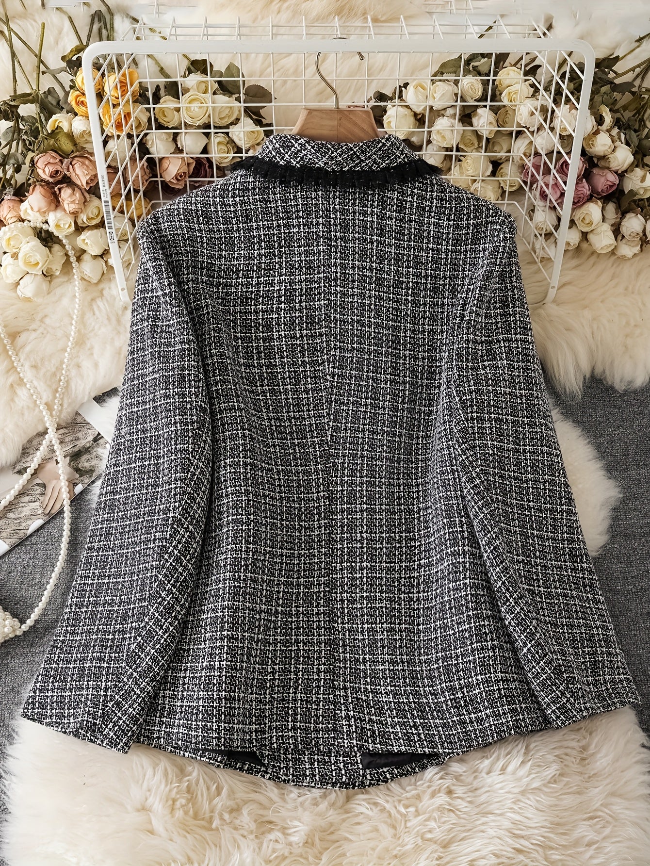 Women's Polyester Plaid Double-Breasted Blazer with Green Collars