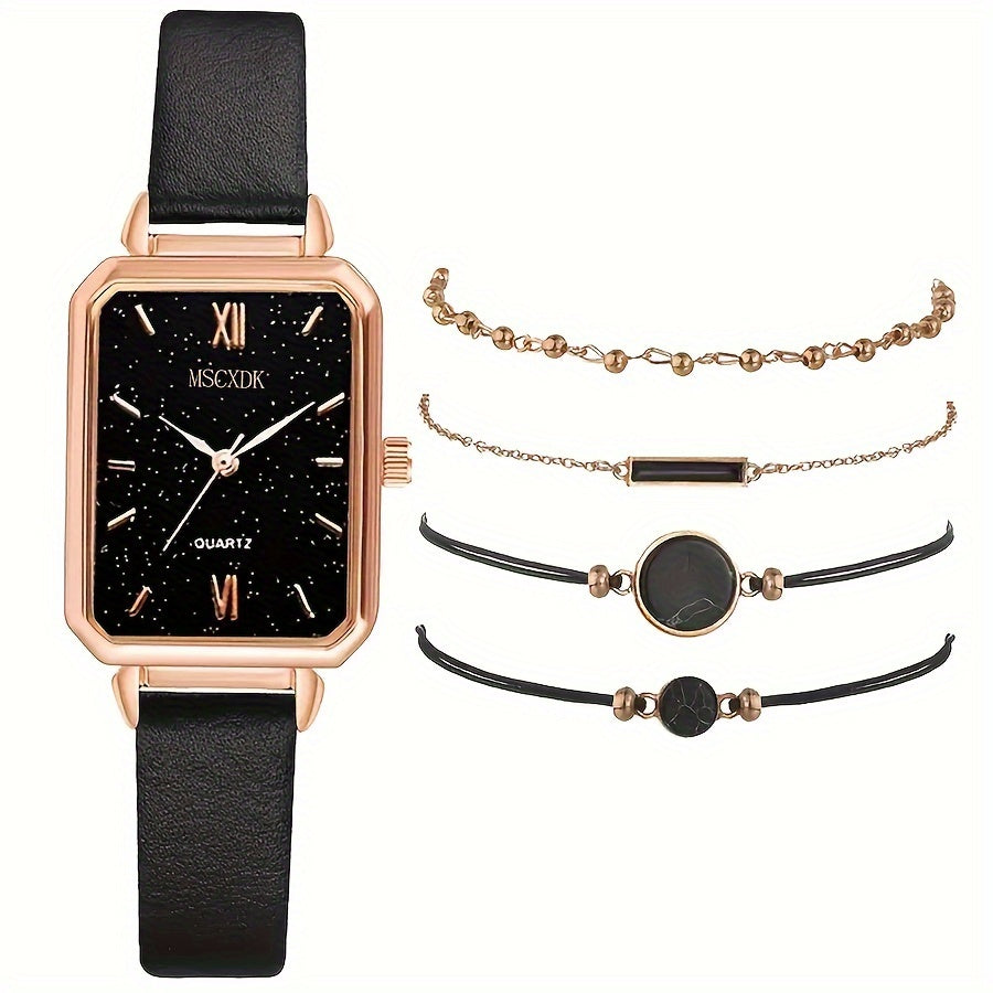 5 ta ayollar uchun kundalik to'rtburchakli kvarts soatlar to'plami, charm taqilgan va bilaguzuklar bilan