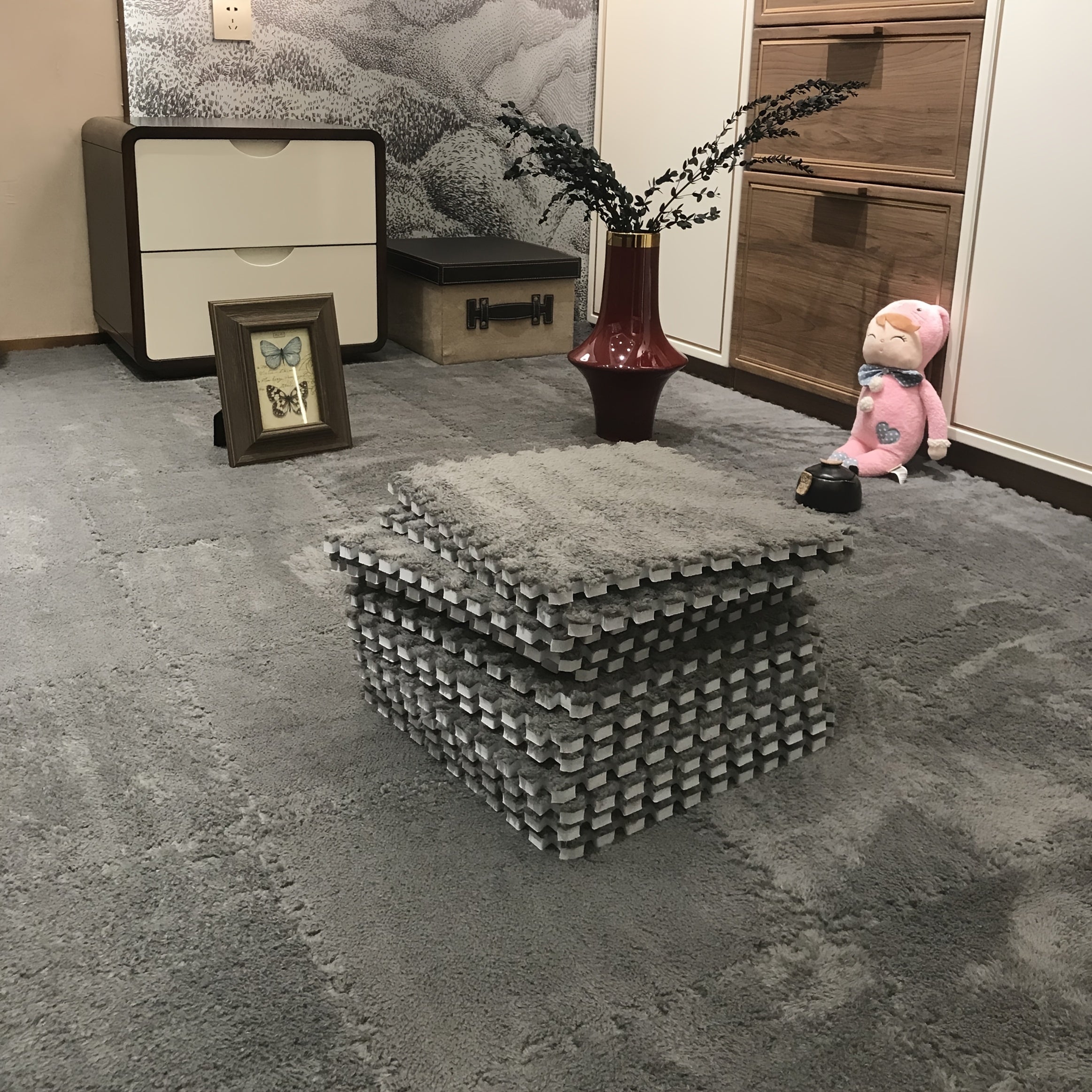 12pcs Foam Puzzle Floor Mats Interlocking Rugs Gray Quilted Anti-Slip Cushioned for Bedroom Crawling