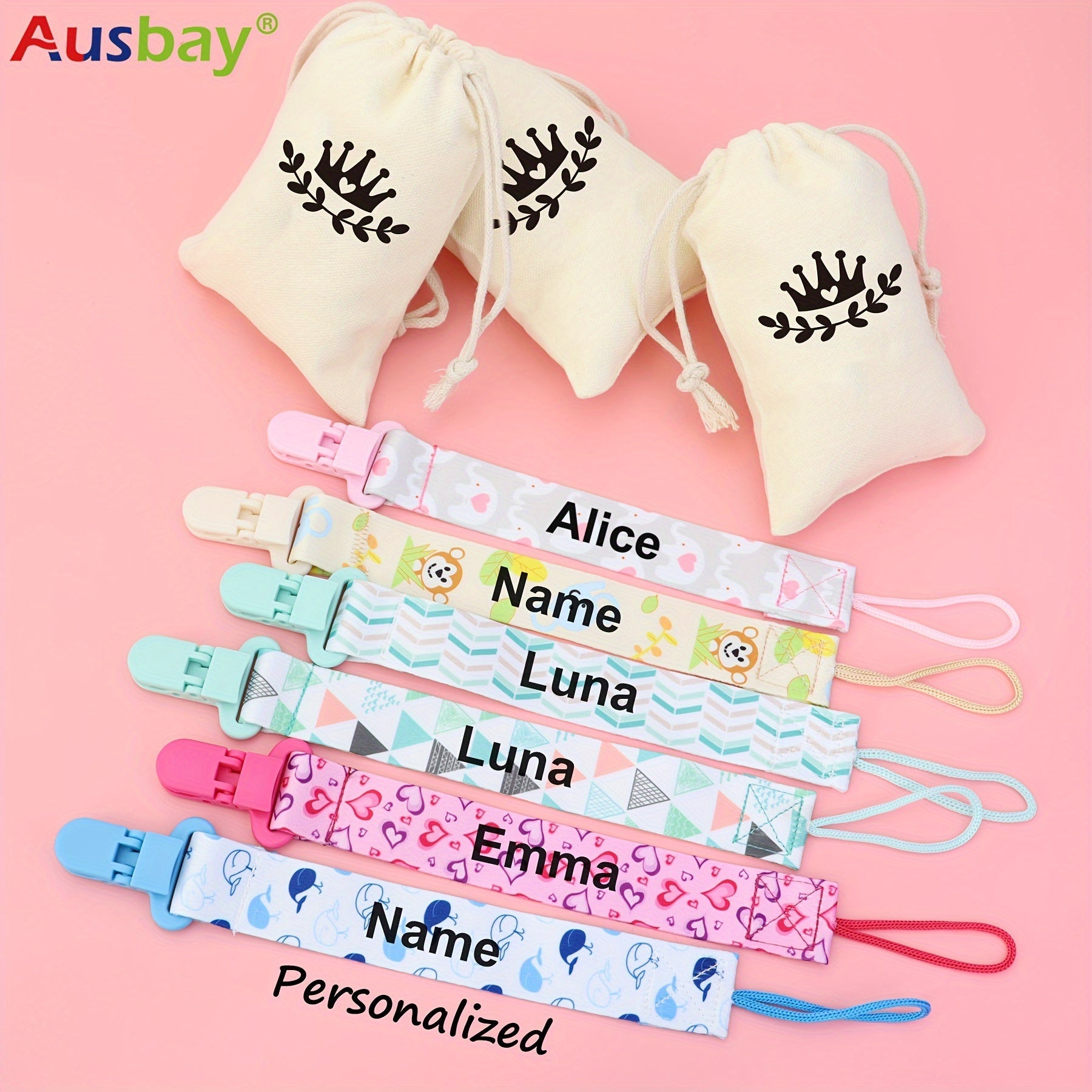 Set of 3 Personalized Baby Shower Gift Clips with Custom Names and Chain Clips