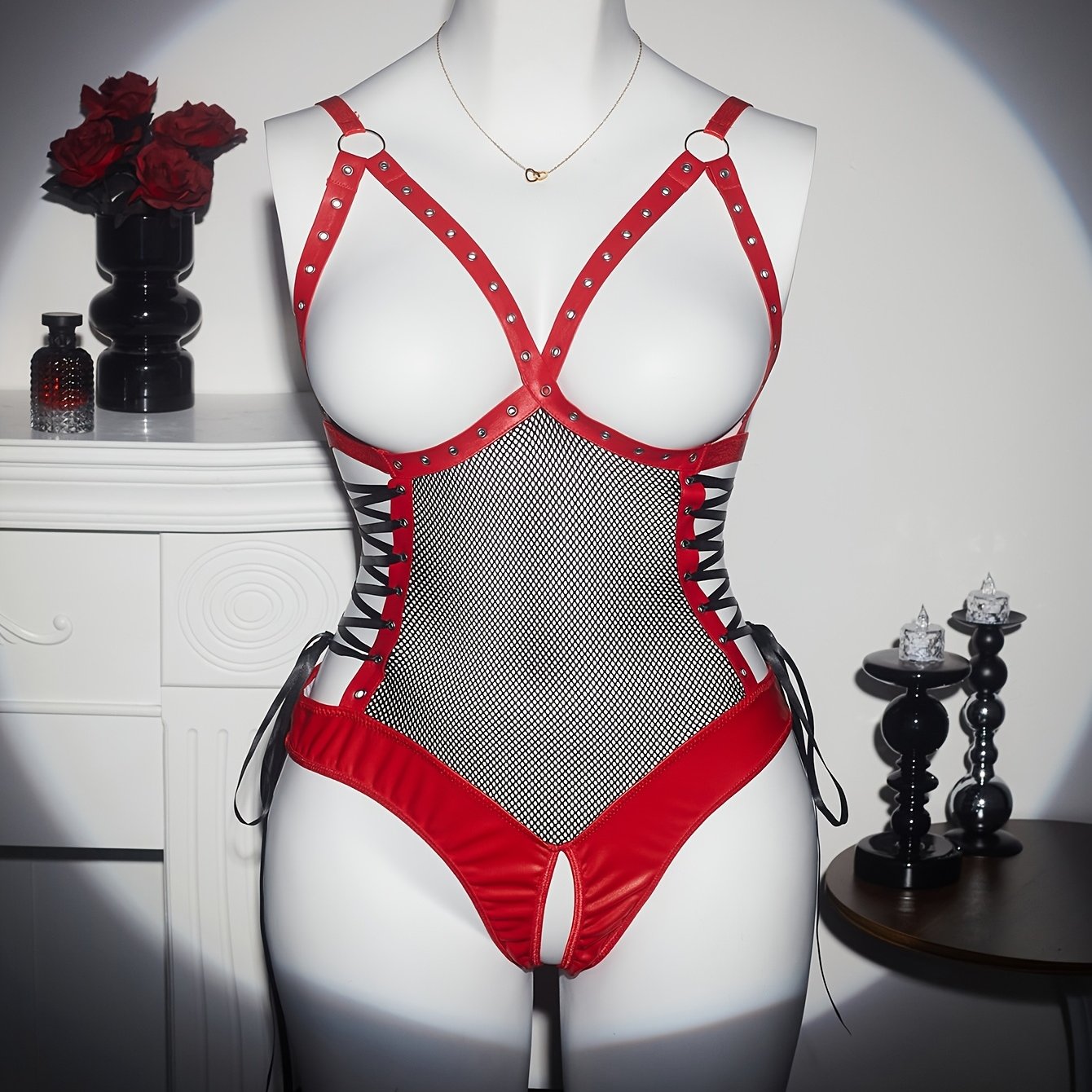 Women's Red Mesh Splicing Plus-Size Bodycon Jumpsuit