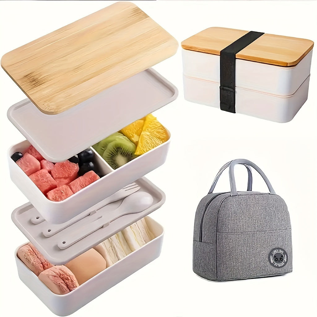 Insulated Bento Lunch Box Set with Leakproof Containers, Bamboo Lids, Dividers