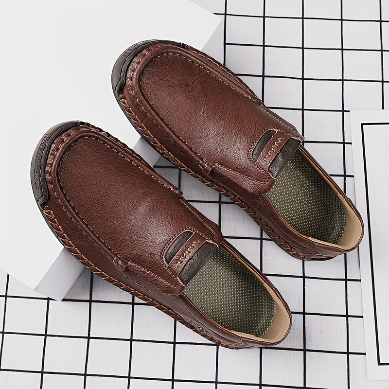 Men's Brown Slip-On Loafers with Stitched Detailing, Rubber Sole, Casual Dress Shoes