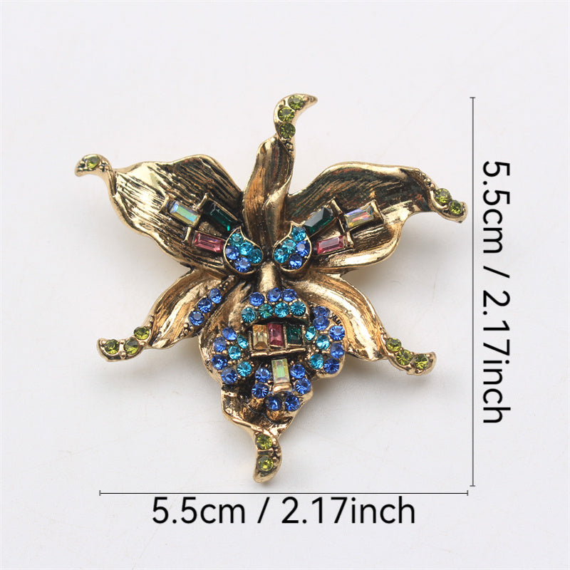 Antique Orchid Brooch Rhinestone Enamel Floral Jewelry for Women