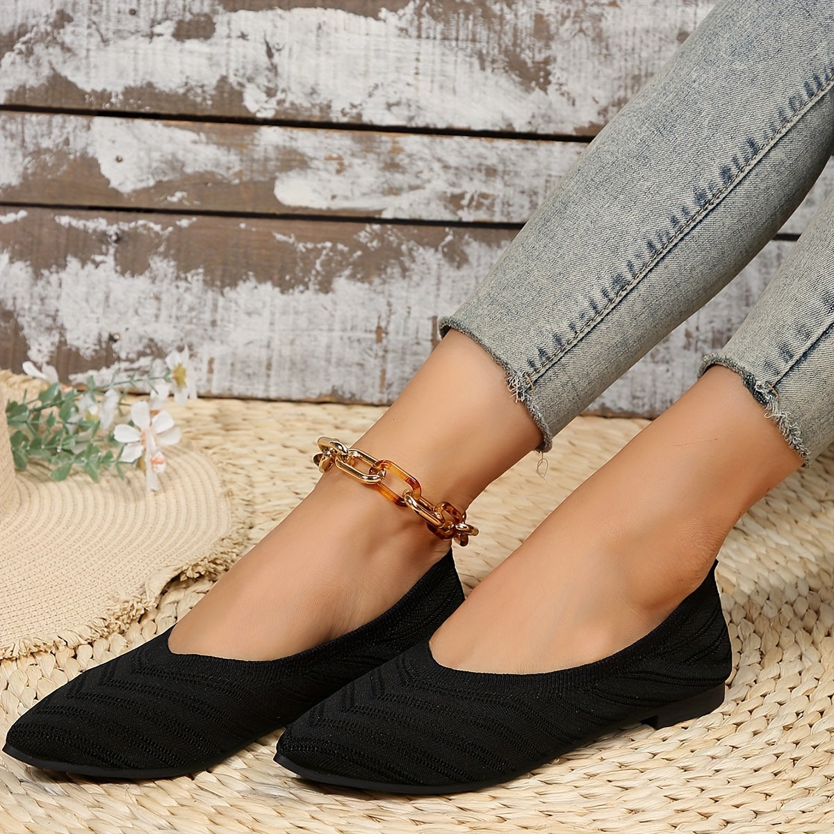 Women's Knitted Slip-On Ballet Flats with Pointed Toe Solid Color Casual All-Season