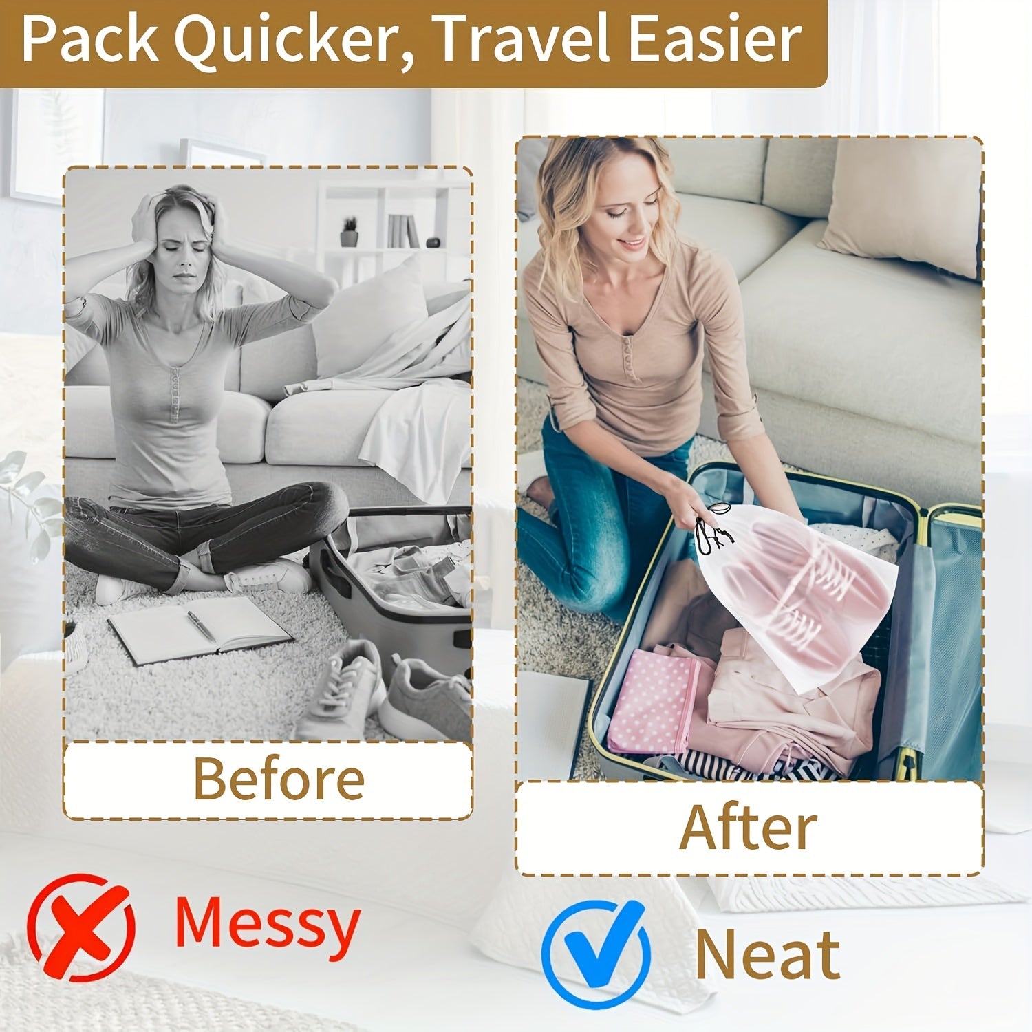 Travel Shoe Bags for Men and Women, Clear, Large, Drawstring Storage, 39.88cm x 29.97cm