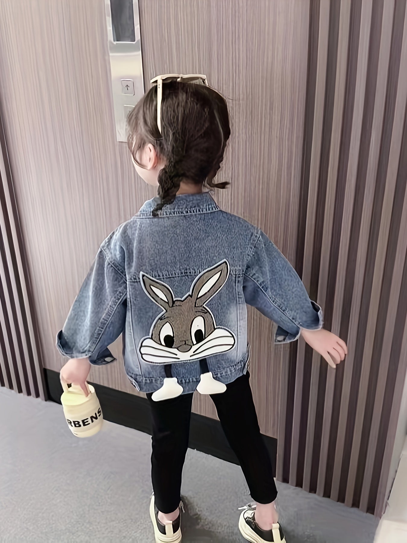 Girls Denim Jacket with 3D Bunny Applique Long Sleeve Casual Spring Fall