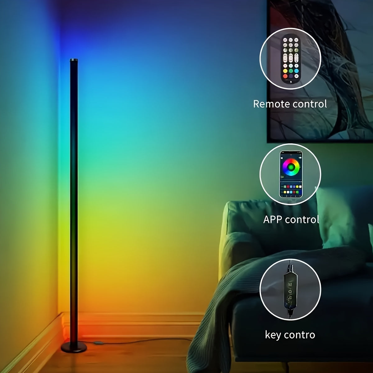 LED Corner Floor Lamp RGB Color Changing Music Sync Remote App USB Indoor Decor