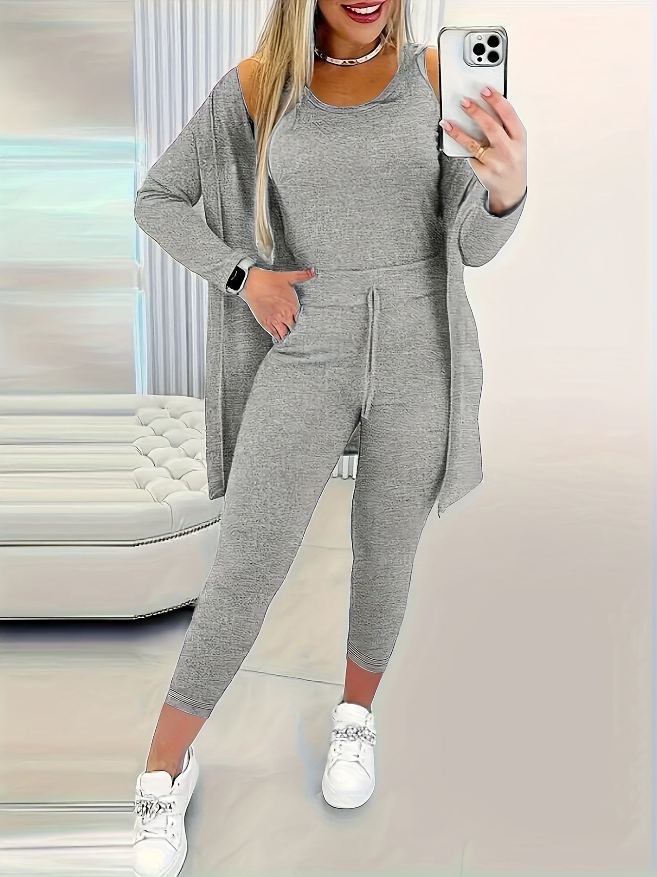 Conjunto de pijama de manga larga y tirantes de color sólido para mujer en otoño e invierno