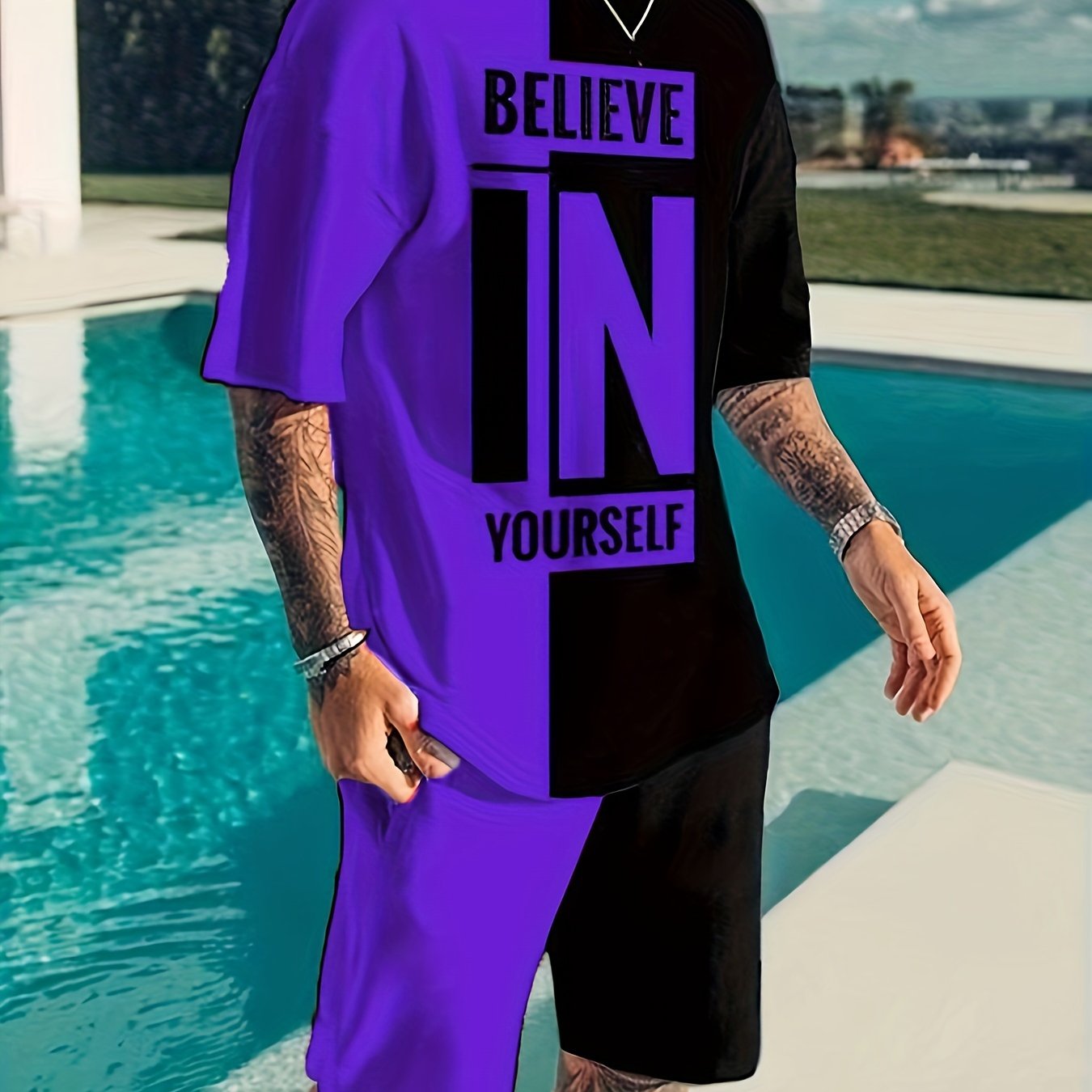 Plus Size Men's Casual Polyester T-Shirt and Shorts Set with Print Pattern