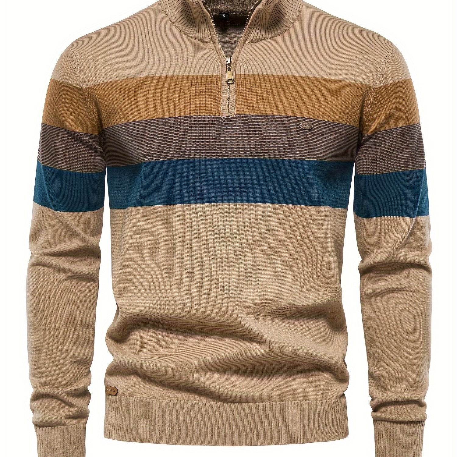 Men's Cotton Knit Color Block Half Zip V-Neck Sweater for Fall Winter