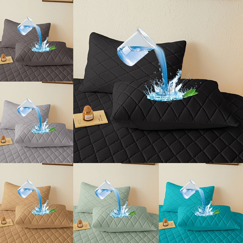 Breathable Waterproof Pillowcase Set with Dust-Proof Protector and Diagonal Grid Pattern