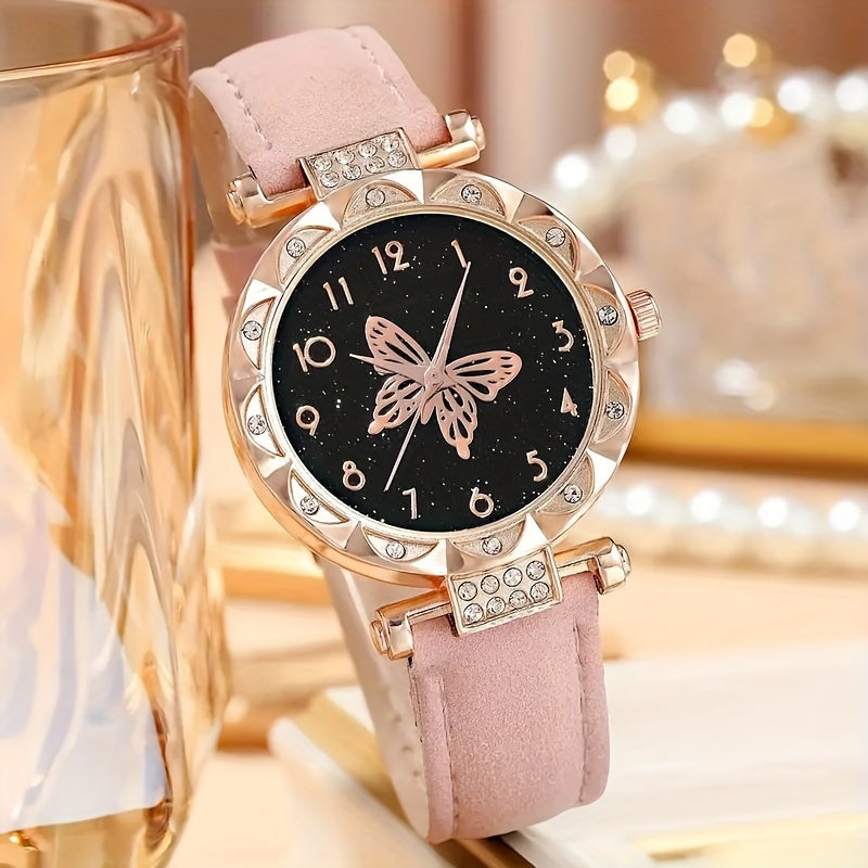 Pink Butterfly Quartz Watch Set with Jewelry Accessories for Women 6-Piece
