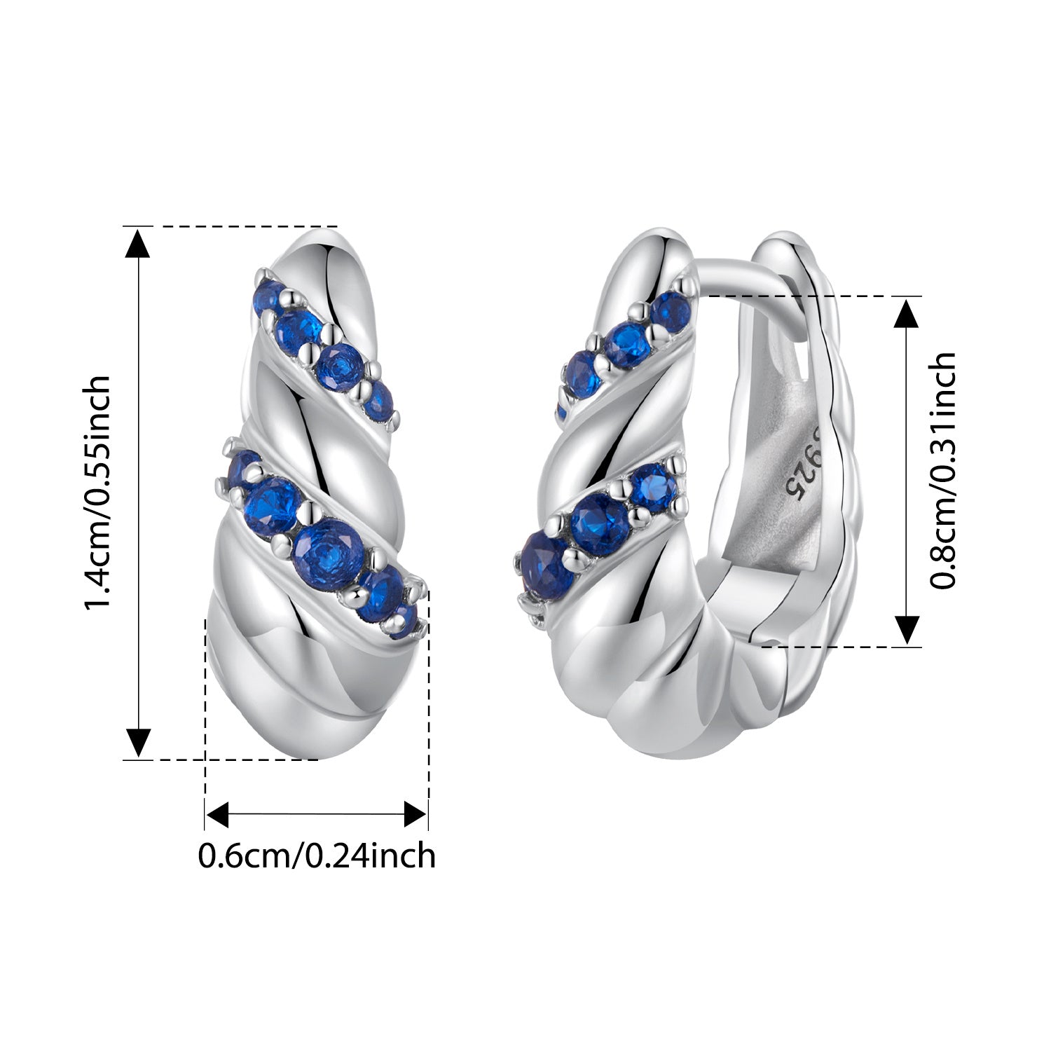 Sterling Silver Hoop Earrings Blue Twisted Design Synthetic Zirconia for Party or Daily Wear