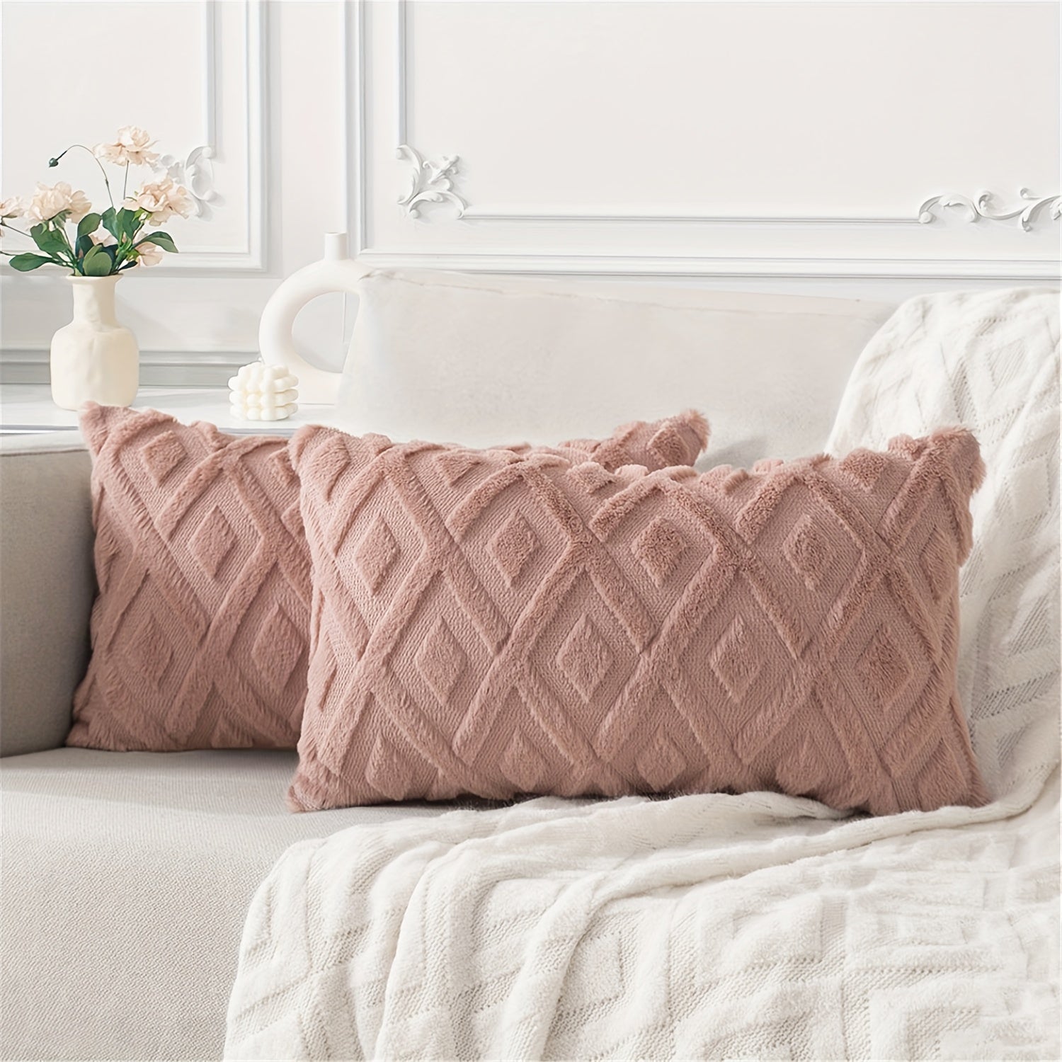 Beige Faux Wool Throw Pillow Covers 18x18 Inches for Couch Sofa Decor