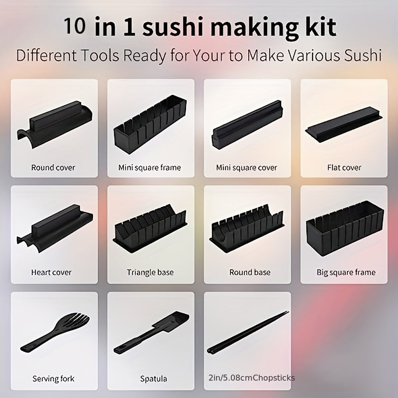 Set of 10 Sushi Making Tools Including Rice Mold Spreader and Roller for Home Cooking