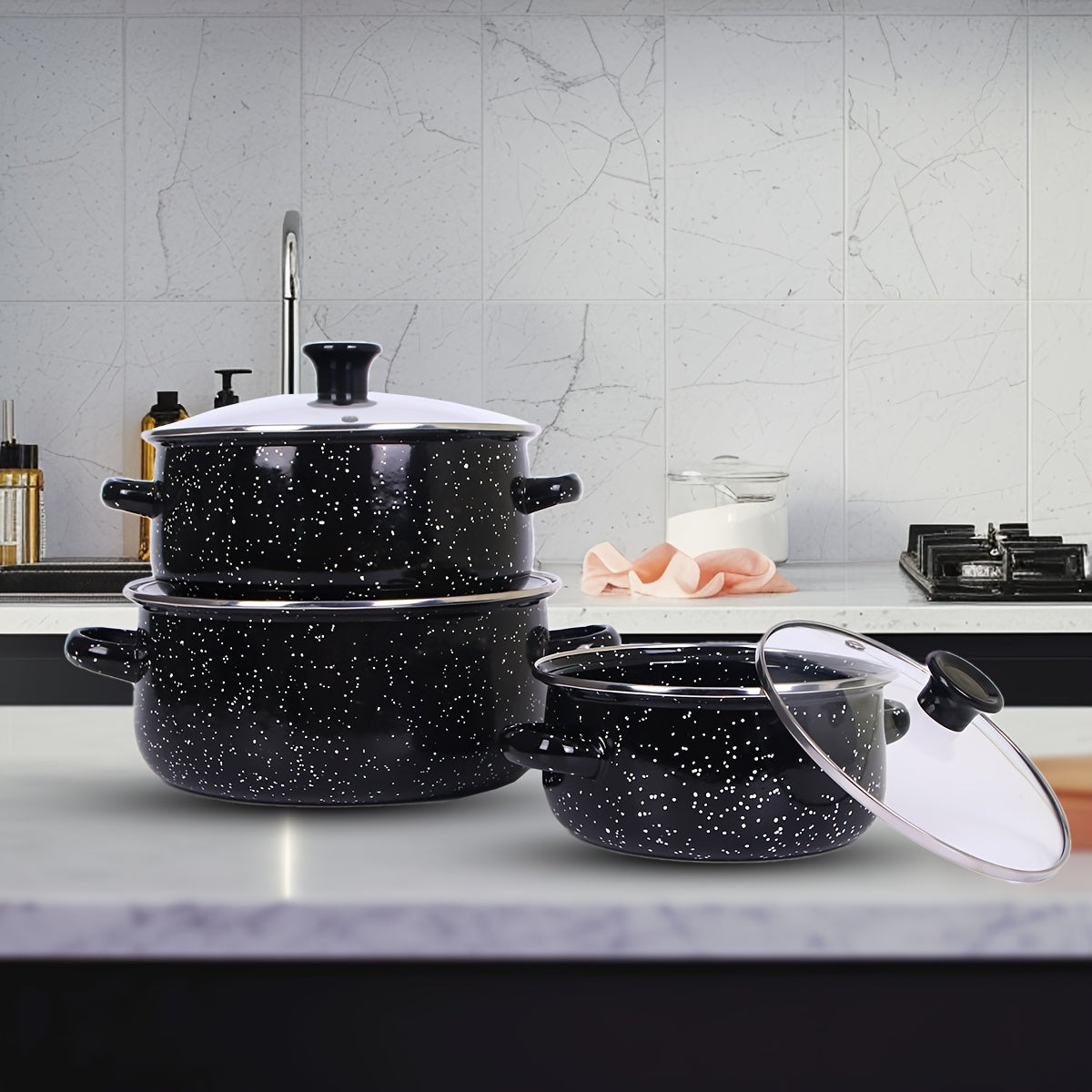 Enamel Cooking Pot Set for Stews and Soups, Lightweight, Induction Compatible