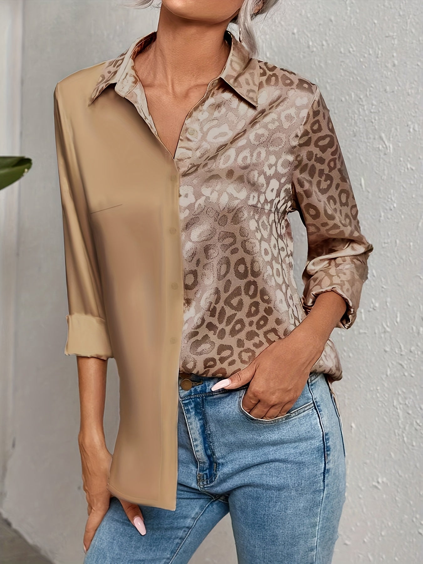 Women's Satin Leopard Print Button-Up Shirt Long Sleeve Casual Wear