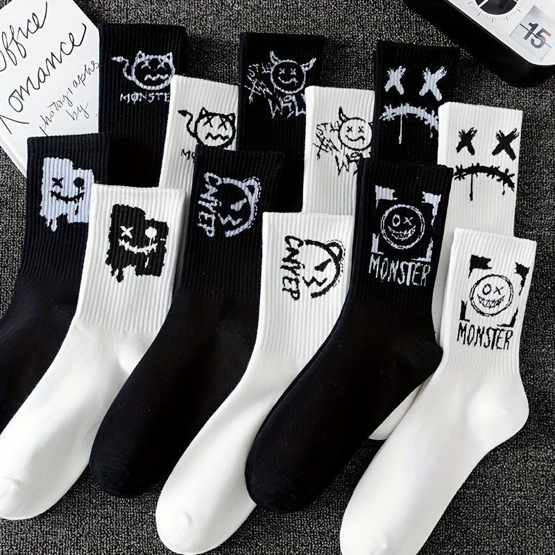Men's Graffiti Pattern Crew Socks 3/5/8/10 Pairs Breathable Comfortable Outdoor