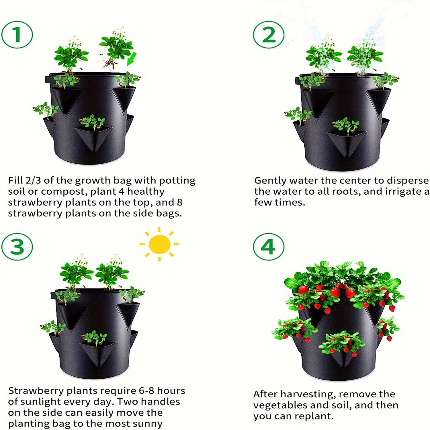 Set of 2 37.85L Strawberry Planting Bags with Window and Handle for Indoor Outdoor Gardening