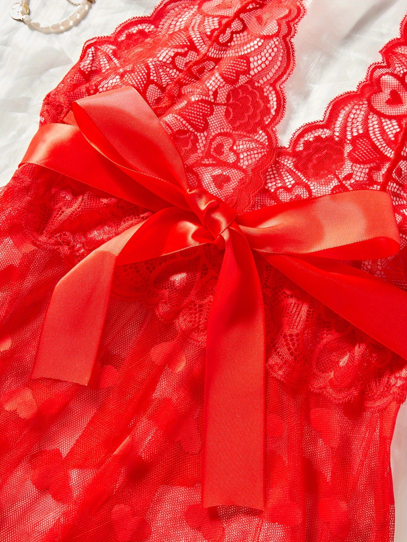 Red Velvet Sexy Doll Costume with Mesh Neck and Patchwork, Includes Thong