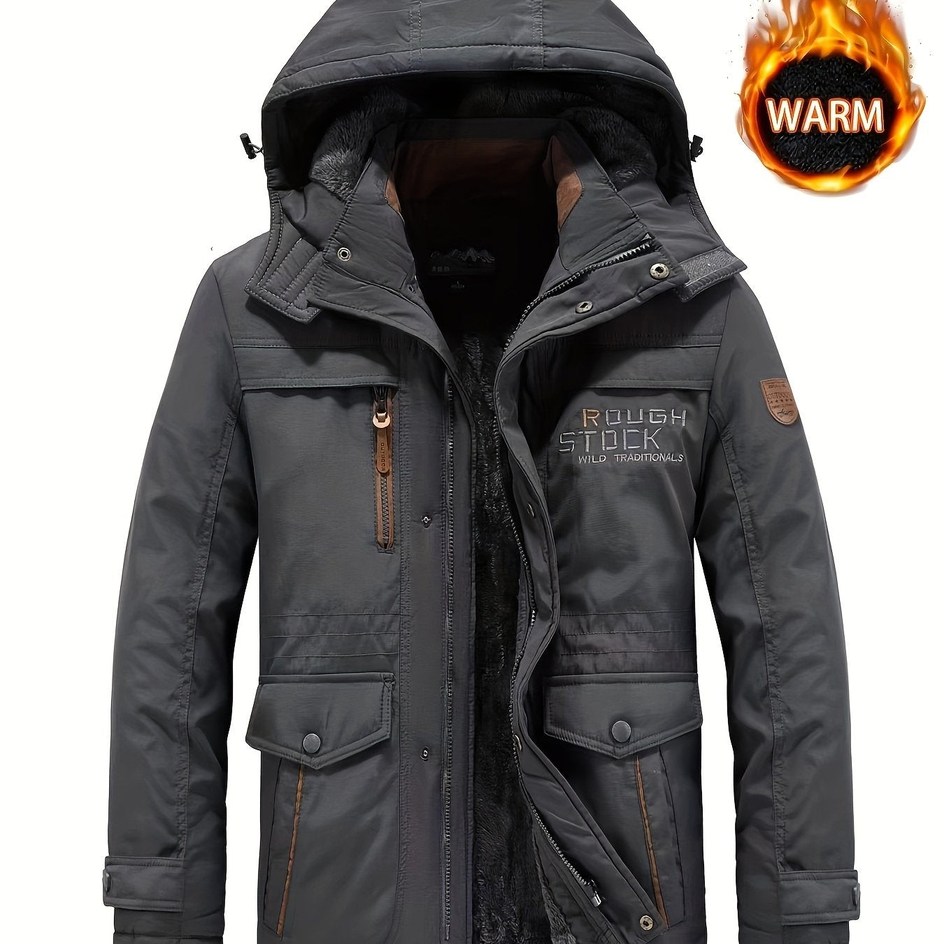 Qalin qish palto, velur astar bilan, ko'p cho'ntakli dizayn, qo'shimcha issiqlik va sovuq qarshilik uchun kapuchonli.