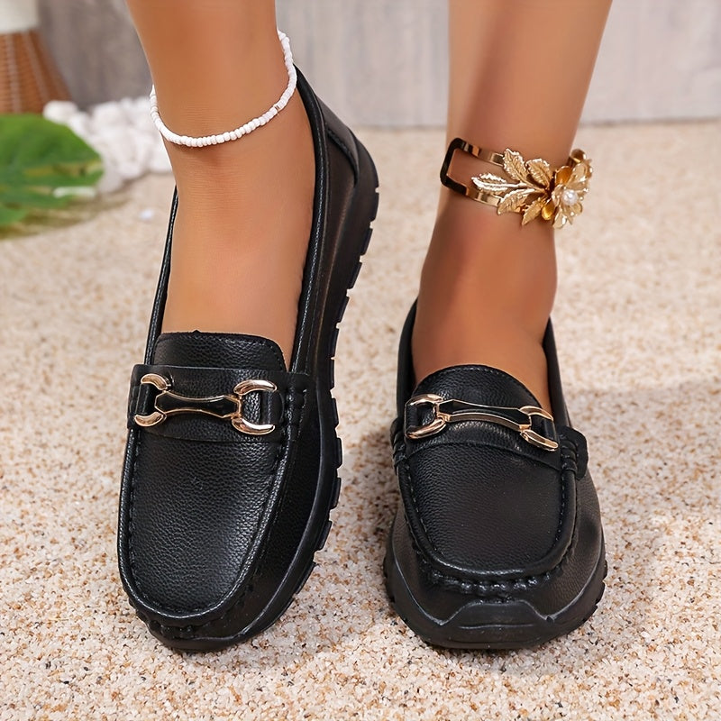 Women's Slip-On Loafers PU Cover Upper TPR Sole Metallic Buckle All-Season Flats